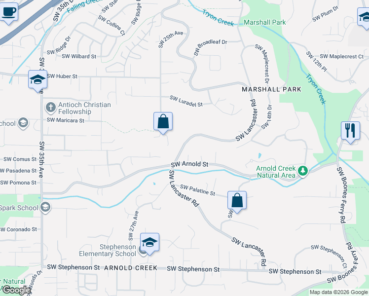 map of restaurants, bars, coffee shops, grocery stores, and more near 2133 Southwest Arnold Street in Portland