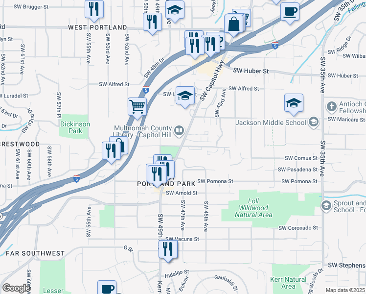 map of restaurants, bars, coffee shops, grocery stores, and more near in Portland
