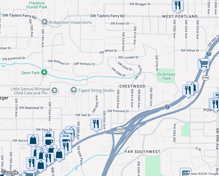 map of restaurants, bars, coffee shops, grocery stores, and more near 10846 Southwest 65th Avenue in Portland