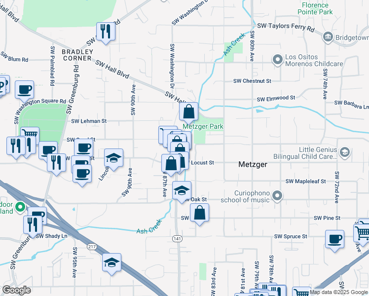 map of restaurants, bars, coffee shops, grocery stores, and more near 10045 Southwest 85th Avenue in Portland