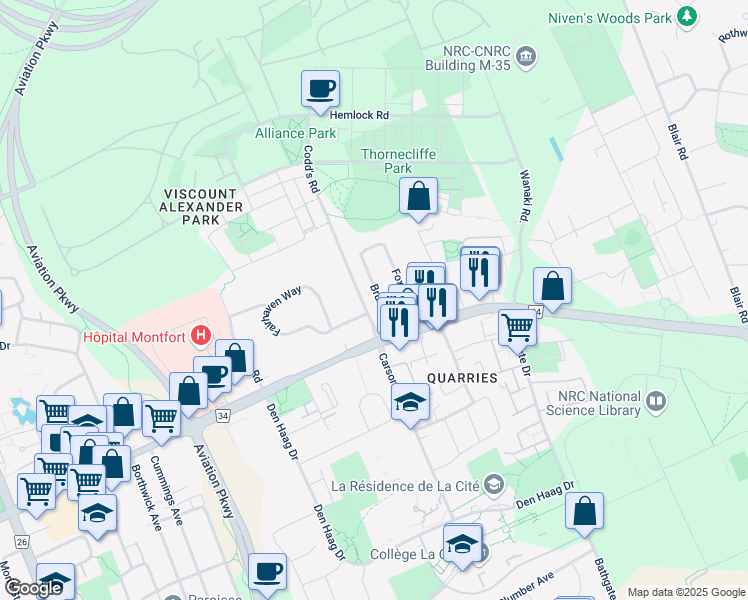 map of restaurants, bars, coffee shops, grocery stores, and more near in Ottawa