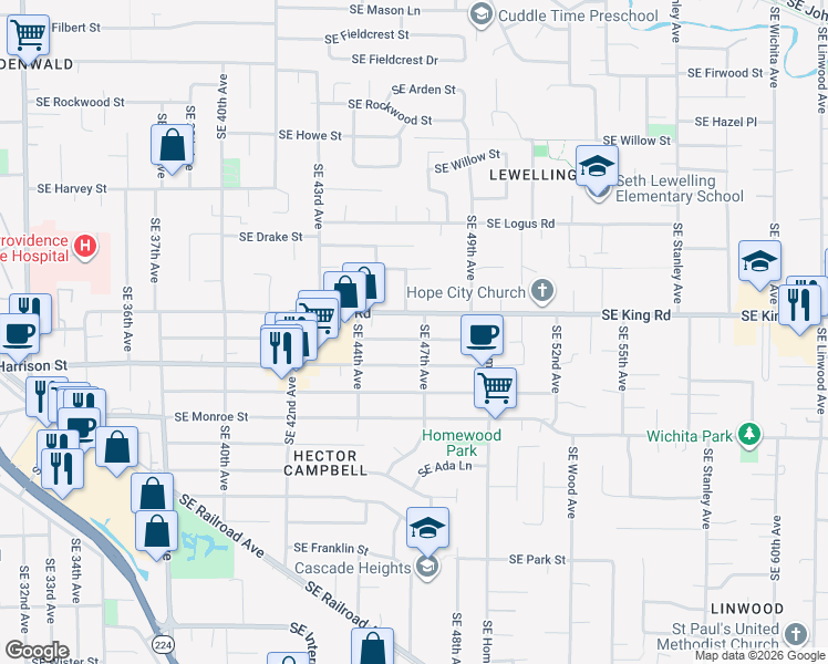 map of restaurants, bars, coffee shops, grocery stores, and more near 10463 Southeast 47th Avenue in Milwaukie