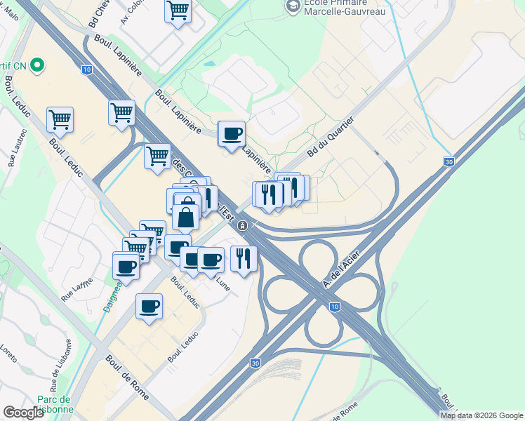 map of restaurants, bars, coffee shops, grocery stores, and more near 50 Rue de l'Éclipse in Brossard