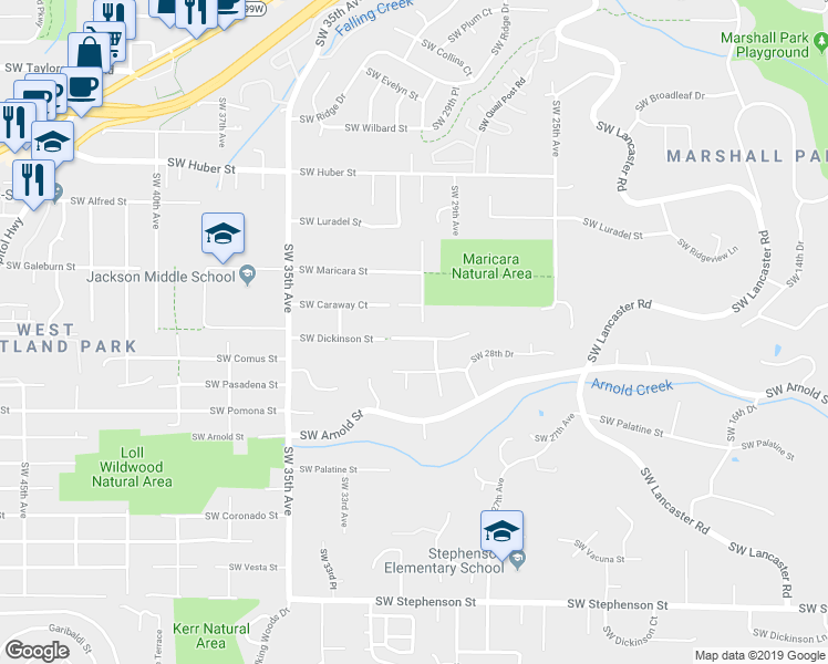 map of restaurants, bars, coffee shops, grocery stores, and more near 3009 Southwest Dickinson Street in Portland