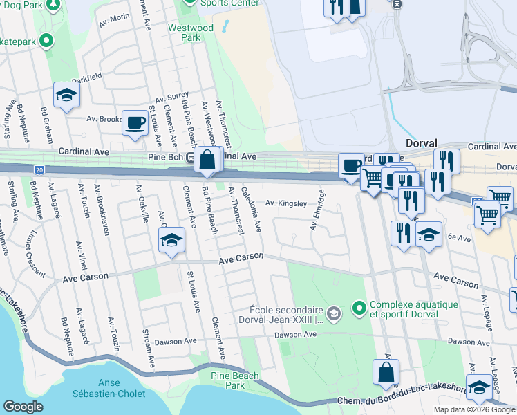map of restaurants, bars, coffee shops, grocery stores, and more near 425 Avenue Caledonia in Dorval