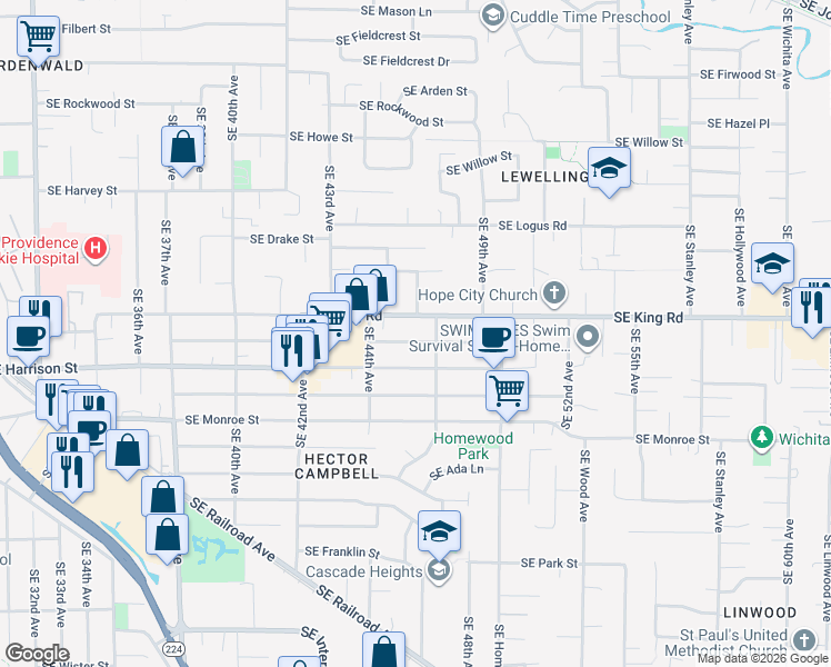 map of restaurants, bars, coffee shops, grocery stores, and more near 10525 Southeast 47th Avenue in Milwaukie