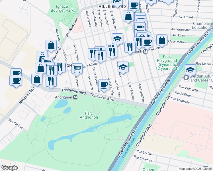 map of restaurants, bars, coffee shops, grocery stores, and more near 7016 Rue Jogues in Montréal