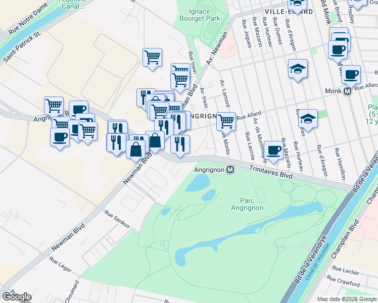 map of restaurants, bars, coffee shops, grocery stores, and more near 7020 Rue Allard in Montréal