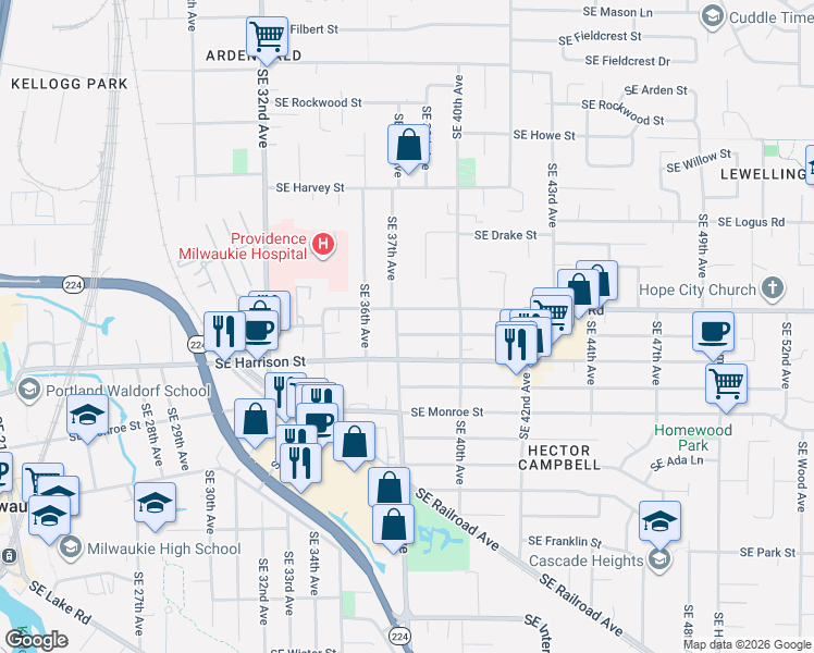 map of restaurants, bars, coffee shops, grocery stores, and more near 3811 Southeast Harrison Street in Milwaukie
