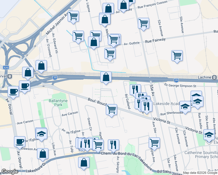 map of restaurants, bars, coffee shops, grocery stores, and more near 479 Avenue Mousseau-Vermette in Dorval