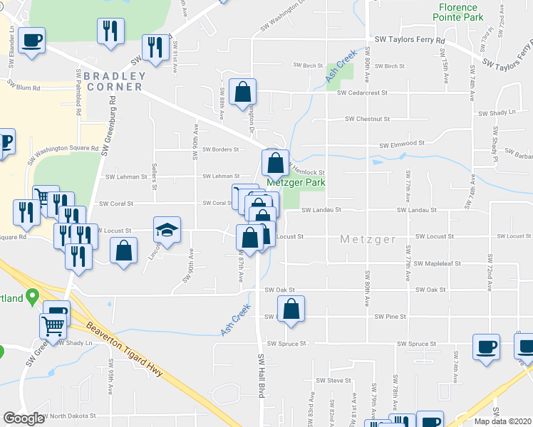 map of restaurants, bars, coffee shops, grocery stores, and more near 10000 Southwest Hall Boulevard in Portland