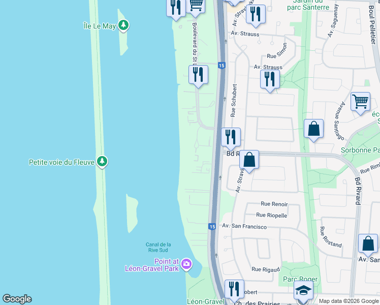 map of restaurants, bars, coffee shops, grocery stores, and more near 8480 Rue Saint Charles in Brossard
