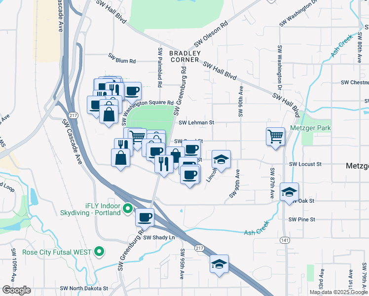 map of restaurants, bars, coffee shops, grocery stores, and more near 9495 Southwest Locust Street in Portland