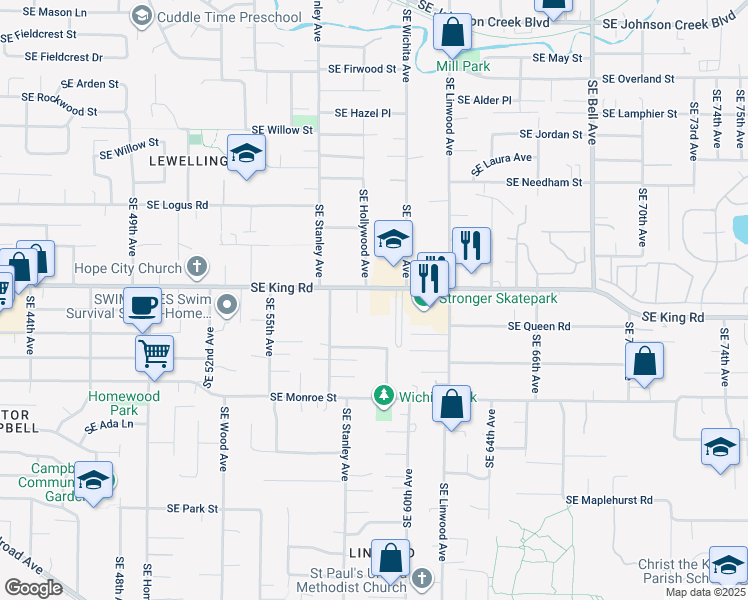 map of restaurants, bars, coffee shops, grocery stores, and more near 5860 Southeast King Road in Milwaukie