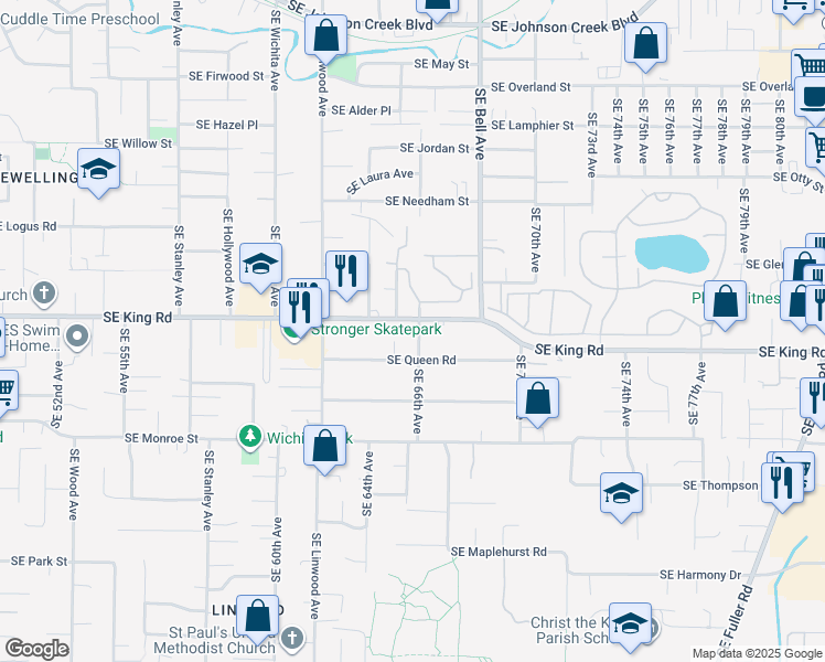map of restaurants, bars, coffee shops, grocery stores, and more near 6607 Southeast Queen Road in Milwaukie