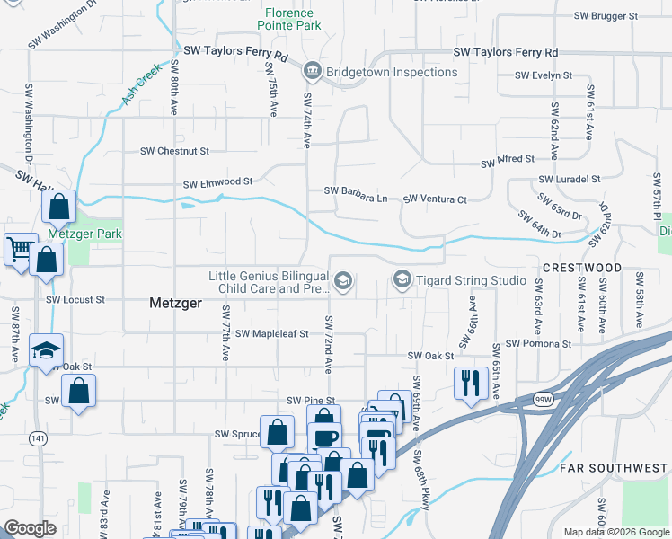 map of restaurants, bars, coffee shops, grocery stores, and more near 10088 Southwest 72nd Avenue in Tigard