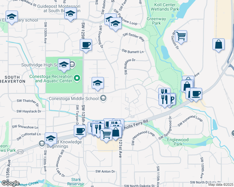 map of restaurants, bars, coffee shops, grocery stores, and more near 10153 Southwest Trapper Terrace in Beaverton