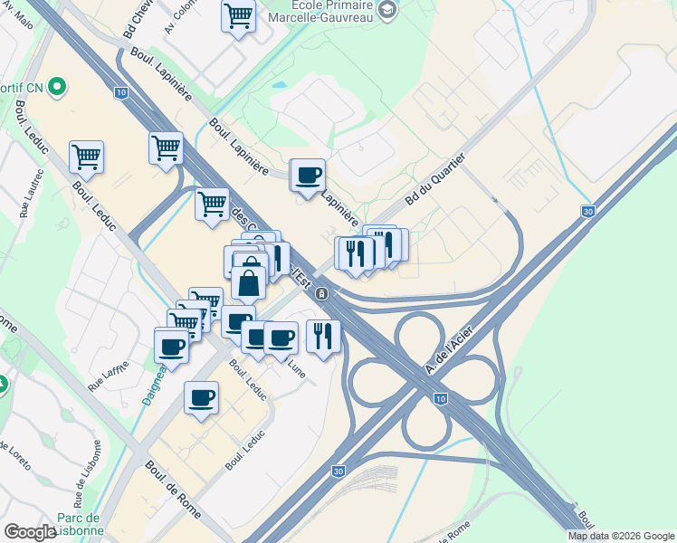 map of restaurants, bars, coffee shops, grocery stores, and more near 60 Rue de l'Éclipse in Brossard