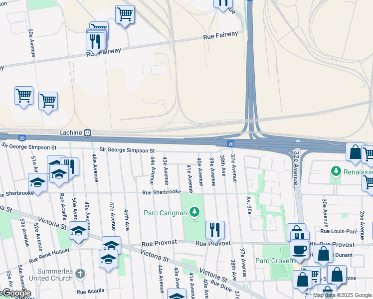map of restaurants, bars, coffee shops, grocery stores, and more near 4130 Rue Sir George Simpson in Montréal