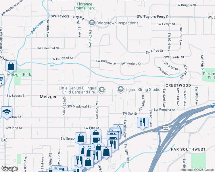 map of restaurants, bars, coffee shops, grocery stores, and more near 7047 Southwest Locust Street in Tigard