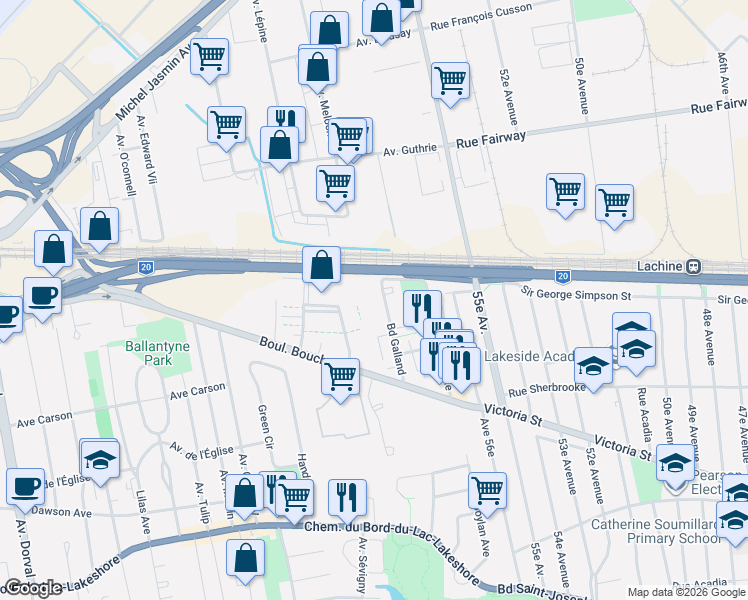 map of restaurants, bars, coffee shops, grocery stores, and more near 490 Boulevard Galland in Dorval