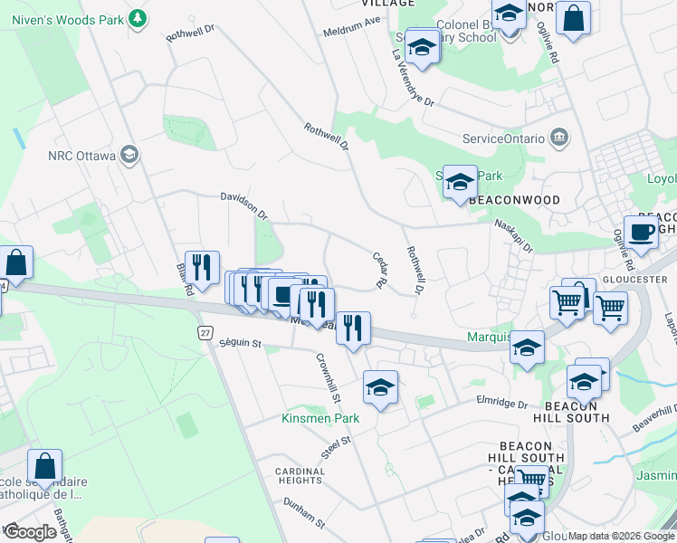 map of restaurants, bars, coffee shops, grocery stores, and more near in Ottawa