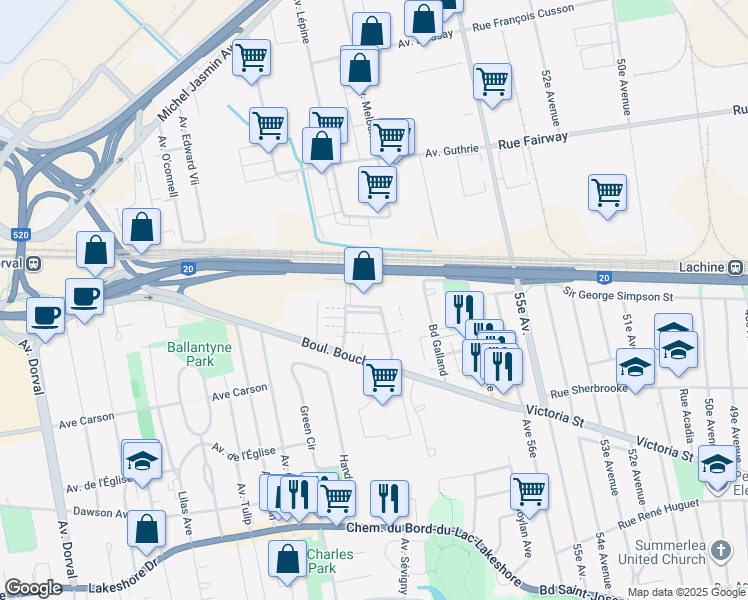 map of restaurants, bars, coffee shops, grocery stores, and more near 479 Avenue Mousseau-Vermette in Dorval