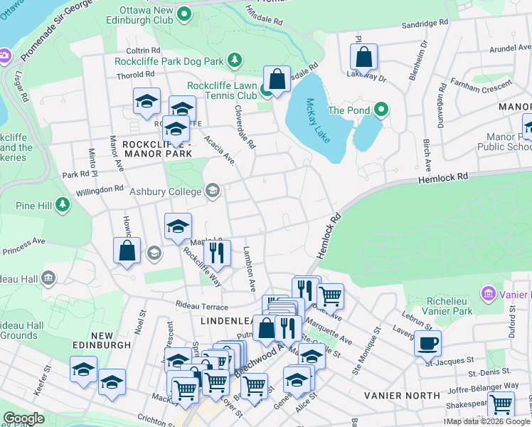 map of restaurants, bars, coffee shops, grocery stores, and more near 170 Acacia Avenue in Ottawa