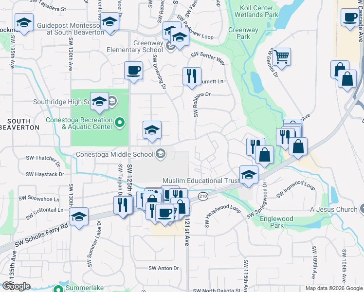 map of restaurants, bars, coffee shops, grocery stores, and more near 10153 Southwest Trapper Terrace in Beaverton