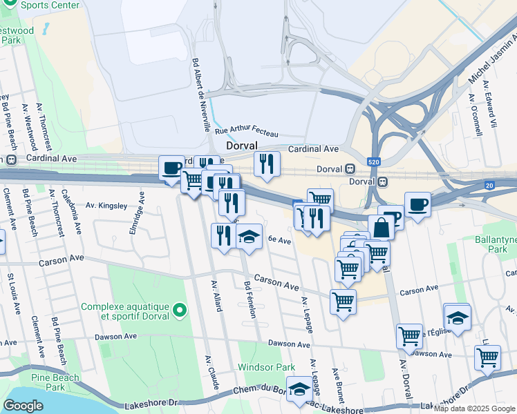 map of restaurants, bars, coffee shops, grocery stores, and more near 440 Roy Avenue in Dorval