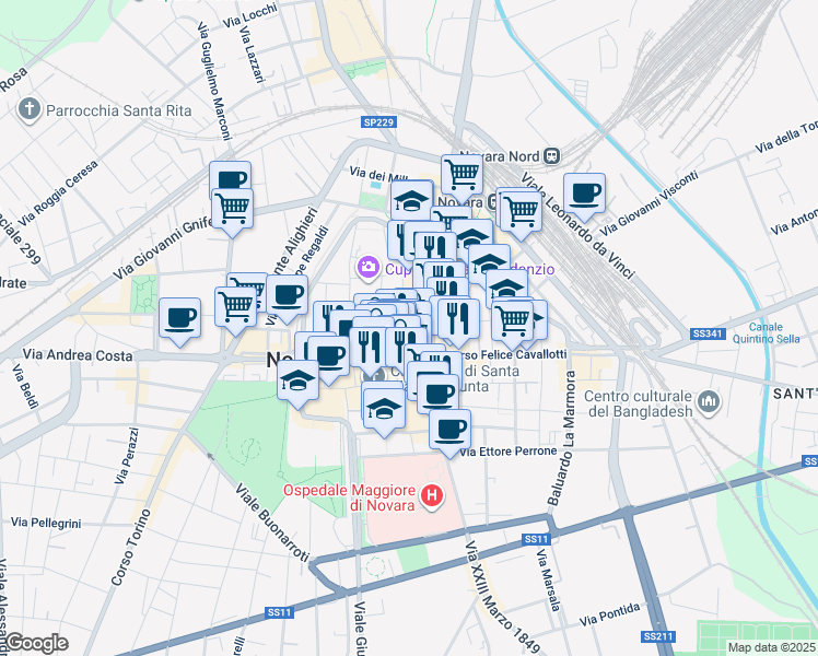 map of restaurants, bars, coffee shops, grocery stores, and more near 7-10 Via Omar Giuseppe in Novara