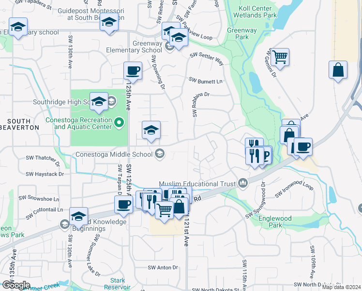map of restaurants, bars, coffee shops, grocery stores, and more near 12070 Southwest Conestoga Drive in Beaverton