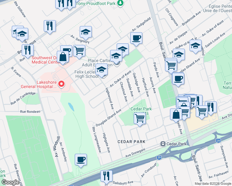 map of restaurants, bars, coffee shops, grocery stores, and more near 158 Avenue Heather in Montréal