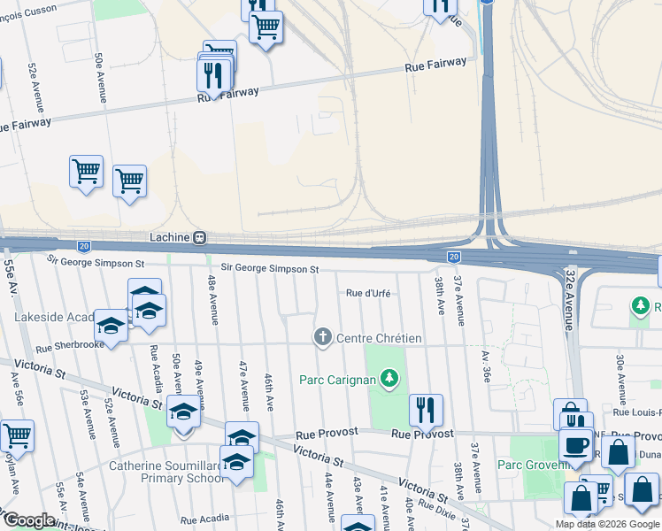 map of restaurants, bars, coffee shops, grocery stores, and more near 4310 Rue Sir George Simpson in Montréal