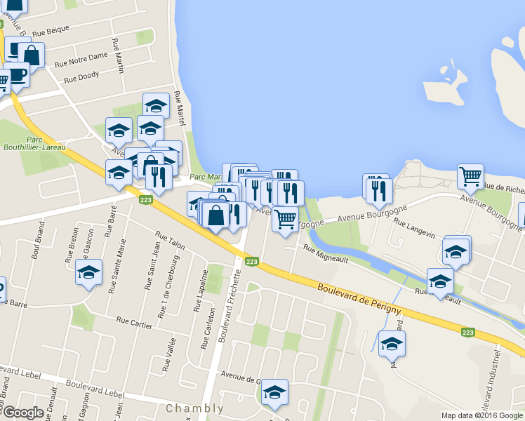 map of restaurants, bars, coffee shops, grocery stores, and more near 1671 Avenue Bourgogne in Chambly