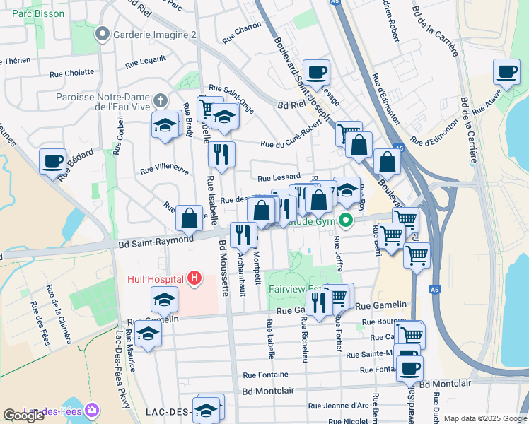map of restaurants, bars, coffee shops, grocery stores, and more near 141 Rue Larose in Gatineau