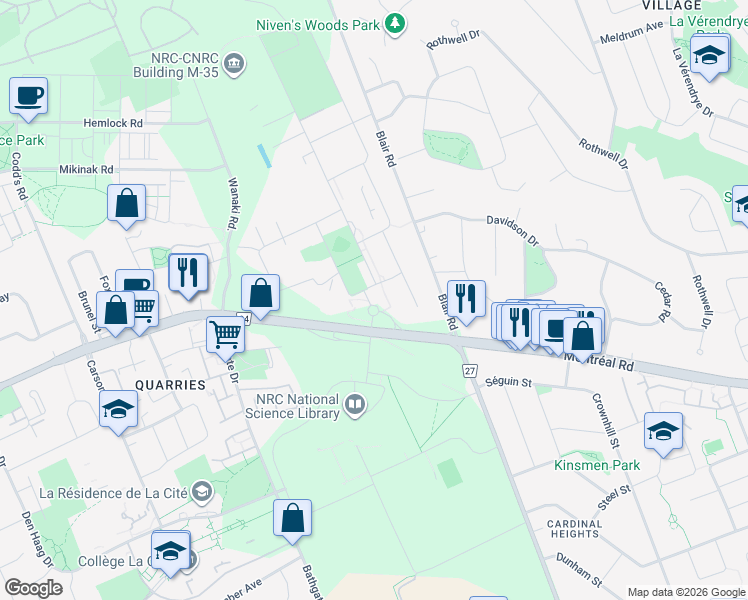 map of restaurants, bars, coffee shops, grocery stores, and more near 1200 Montréal Road in Ottawa