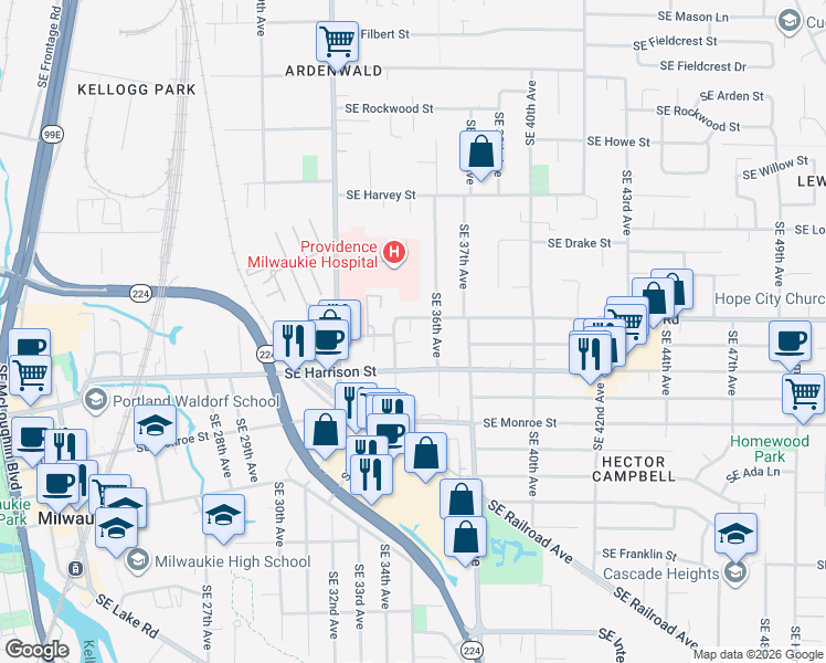 map of restaurants, bars, coffee shops, grocery stores, and more near 3525 Southeast Harrison Street in Milwaukie
