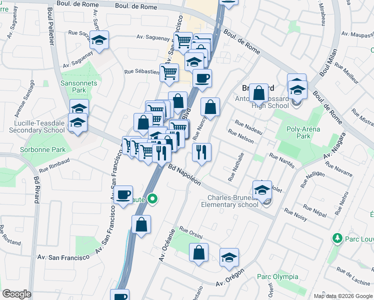 map of restaurants, bars, coffee shops, grocery stores, and more near 8127 Rue Nicolet in Brossard