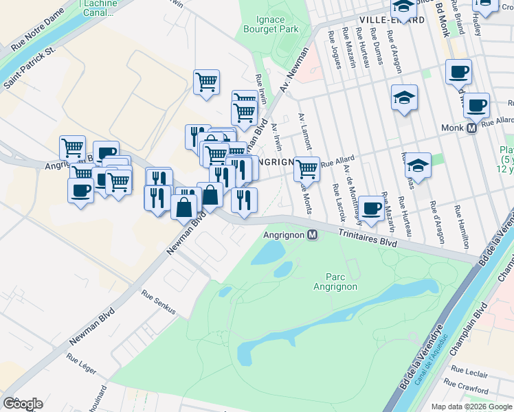 map of restaurants, bars, coffee shops, grocery stores, and more near 7020 Rue Allard in Montréal