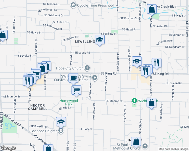 map of restaurants, bars, coffee shops, grocery stores, and more near 5220 Southeast King Road in Milwaukie