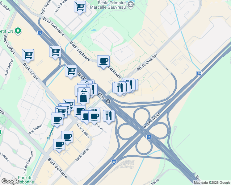 map of restaurants, bars, coffee shops, grocery stores, and more near 60 Rue de l'Éclipse in Brossard