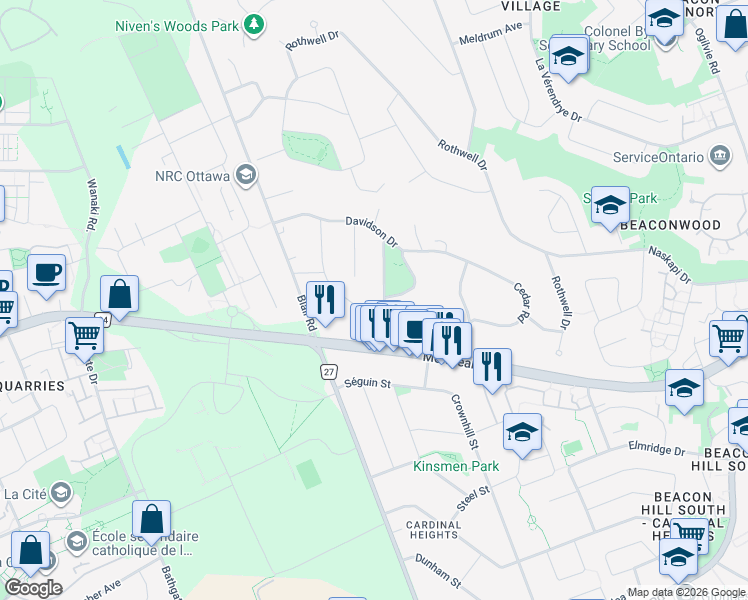 map of restaurants, bars, coffee shops, grocery stores, and more near in Ottawa