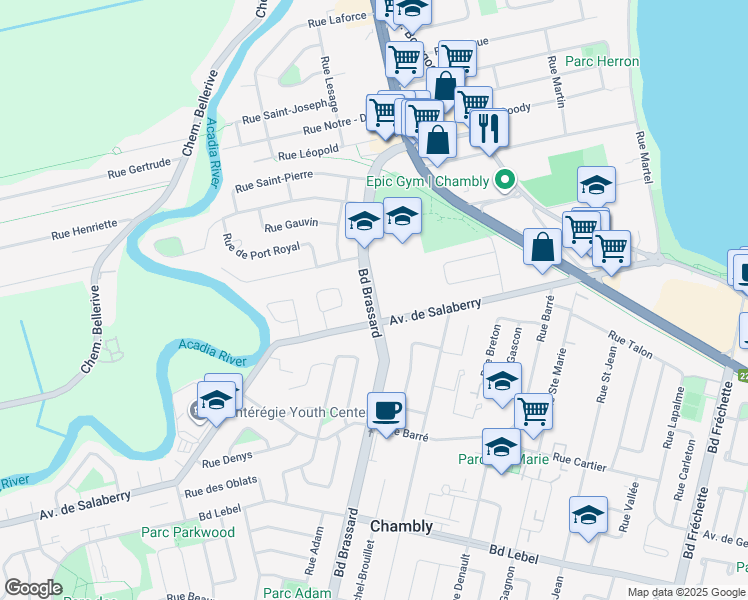 map of restaurants, bars, coffee shops, grocery stores, and more near 601 Boulevard Brassard in Chambly