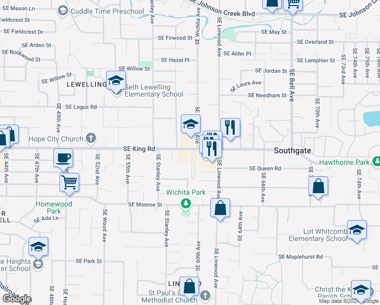 map of restaurants, bars, coffee shops, grocery stores, and more near 5990 Southeast King Road in Milwaukie