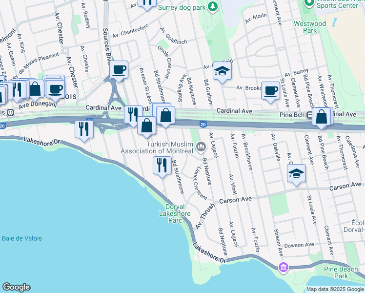 map of restaurants, bars, coffee shops, grocery stores, and more near 430 Avenue Starling in Dorval