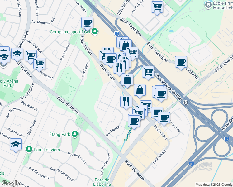 map of restaurants, bars, coffee shops, grocery stores, and more near 7894 Rue Lemelin in Brossard