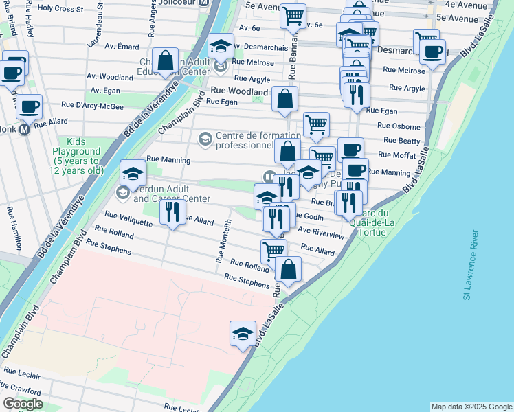 map of restaurants, bars, coffee shops, grocery stores, and more near 1055 Rue Godin in Montreal