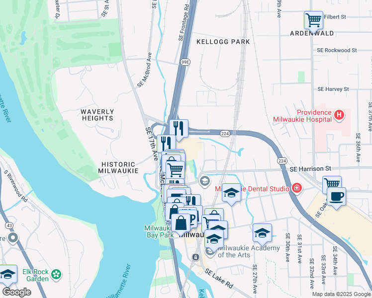 map of restaurants, bars, coffee shops, grocery stores, and more near 10282 Southeast Main Street in Milwaukie
