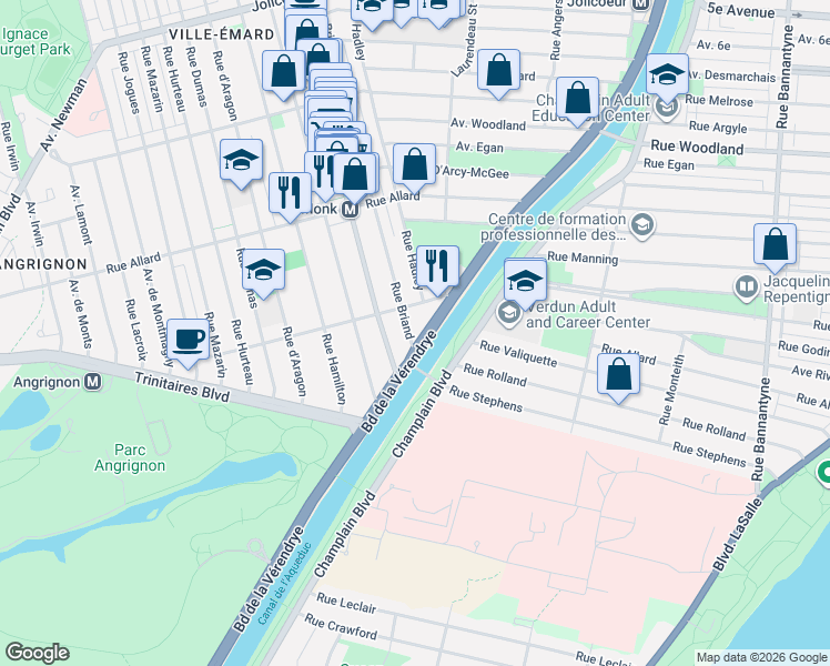 map of restaurants, bars, coffee shops, grocery stores, and more near 7162 Rue Briand in Montréal